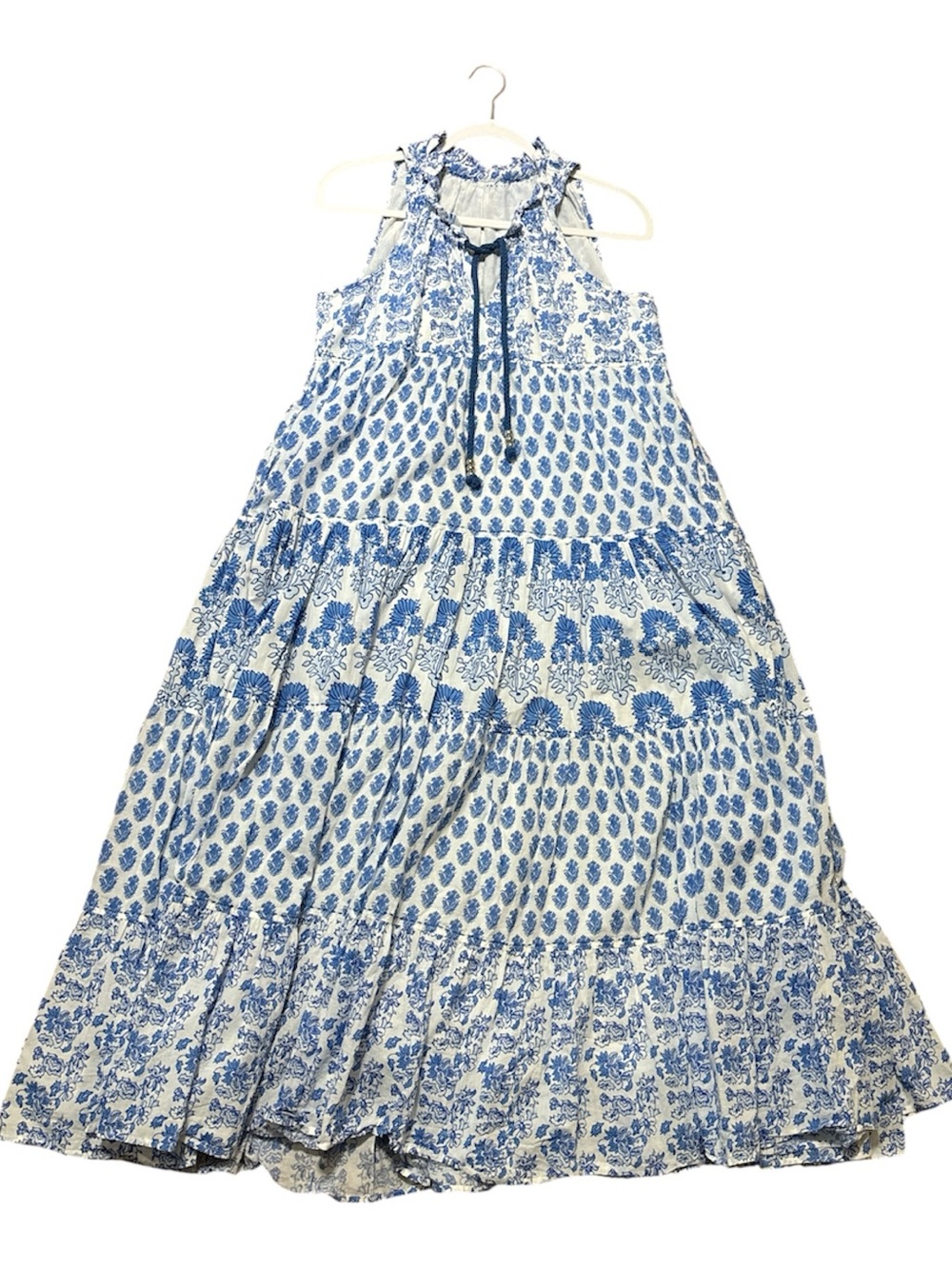 Calypso St. Barth Blue White Floral Block Print Tiered Maxi Dress Halter, Small - Picture 8 of 13